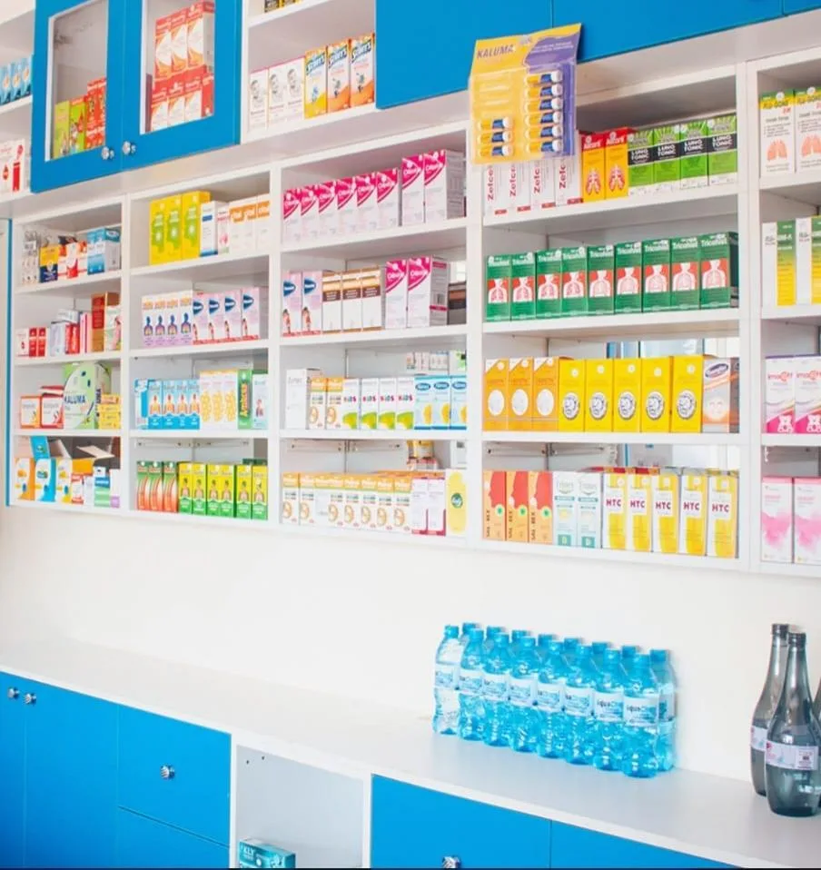 Stocked shelves inside the Palmic Pharmaceuticals store